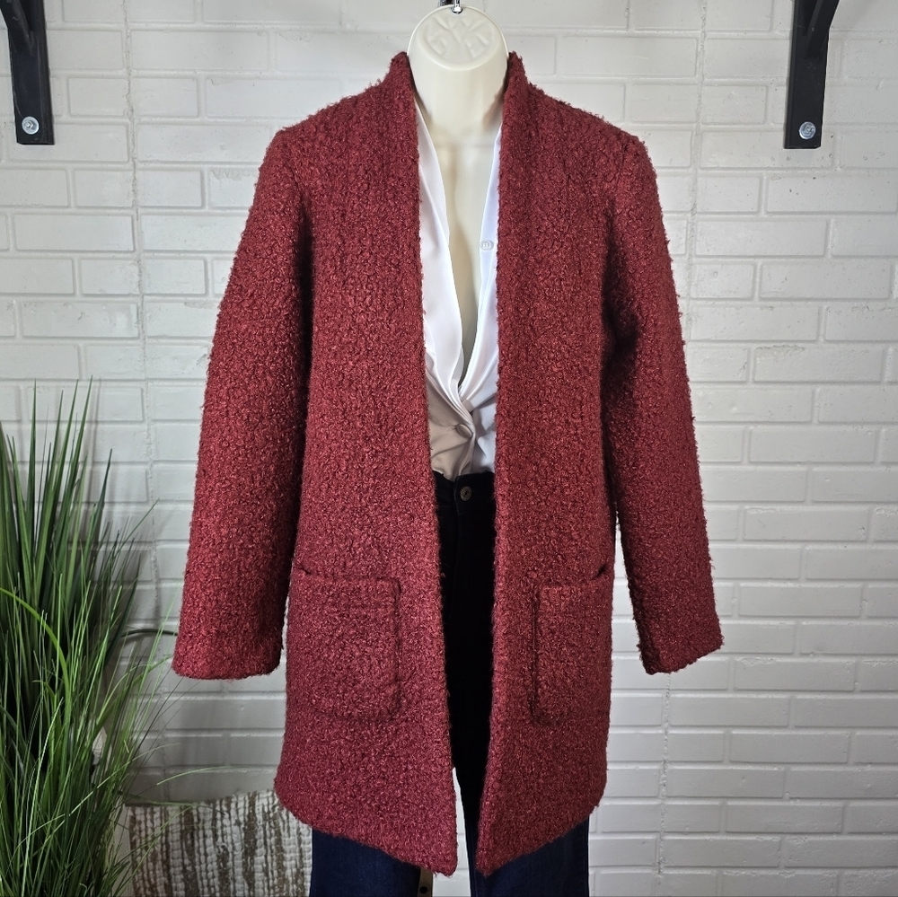 Carole Wren Red Boucle Open Long Jacket Cardigan Small